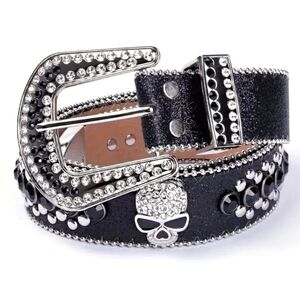 Womens Black & Silver Skull Moto Biker Western Silver Stud Rhinestone Bling Belt